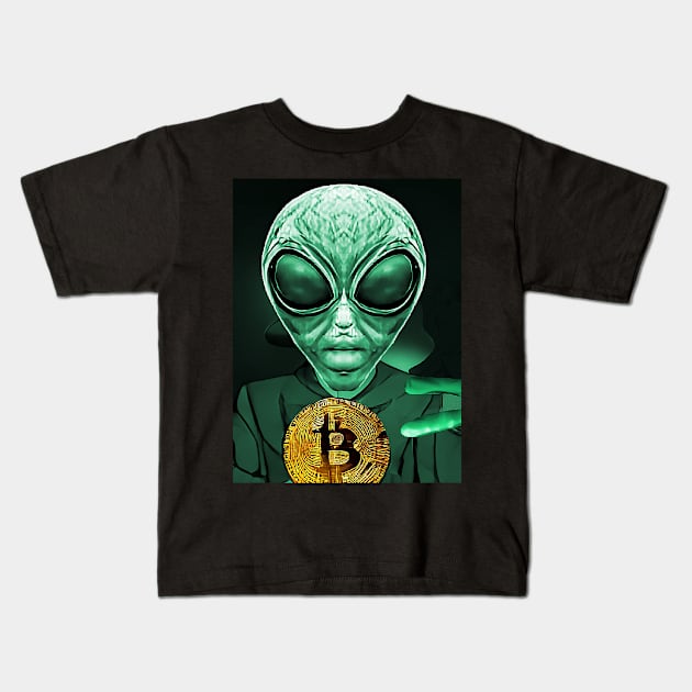 Alien Bitcoin Collectors Mars Invasion Sci-fi Kids T-Shirt by PlanetMonkey